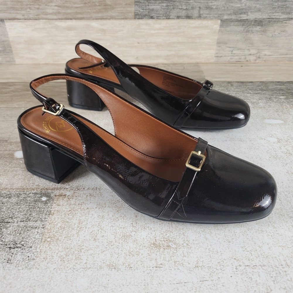 White Mountain Later Womens Pumps Sz 9 Black Patent Leather Slingback Block Heel